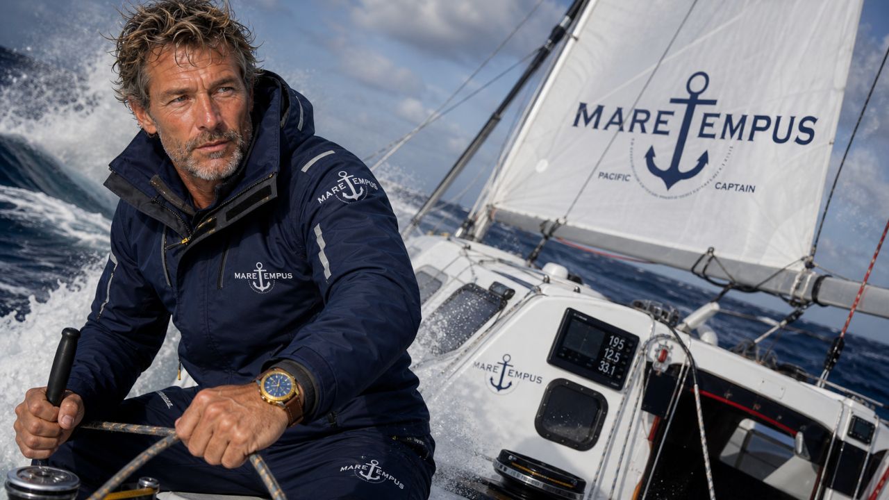 Dirk van Birkhoff at the helm in heavy seas, wearing the Pacific Captain