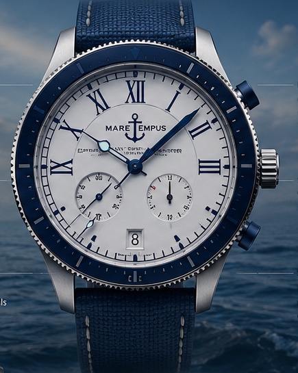The Atlantic Master — steel marine chronometer with blue coin-edge bezel, enamel-style Roman dial and blue sailcloth strap