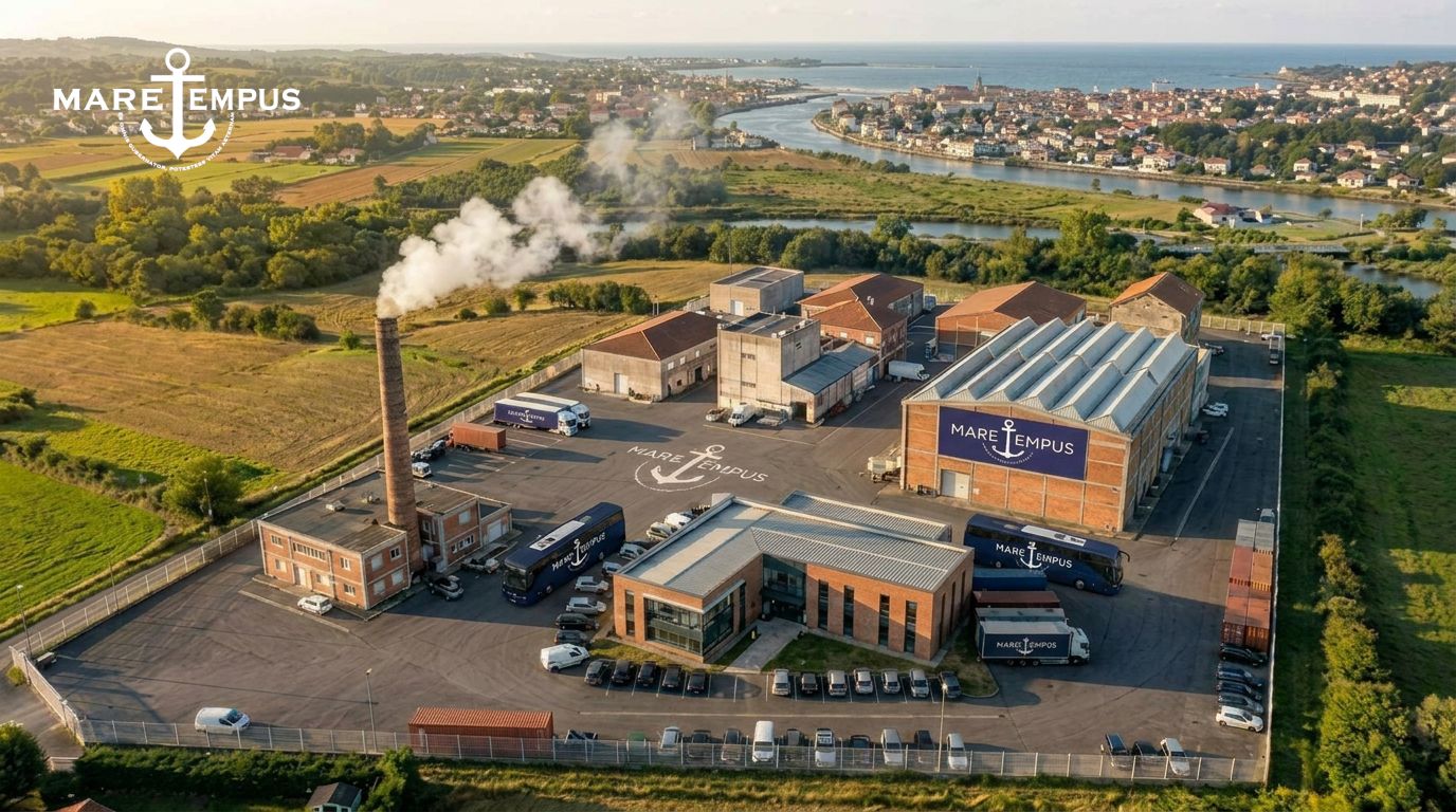 Aerial view of the MareTempus manufacture beside the river, the town and the Atlantic beyond