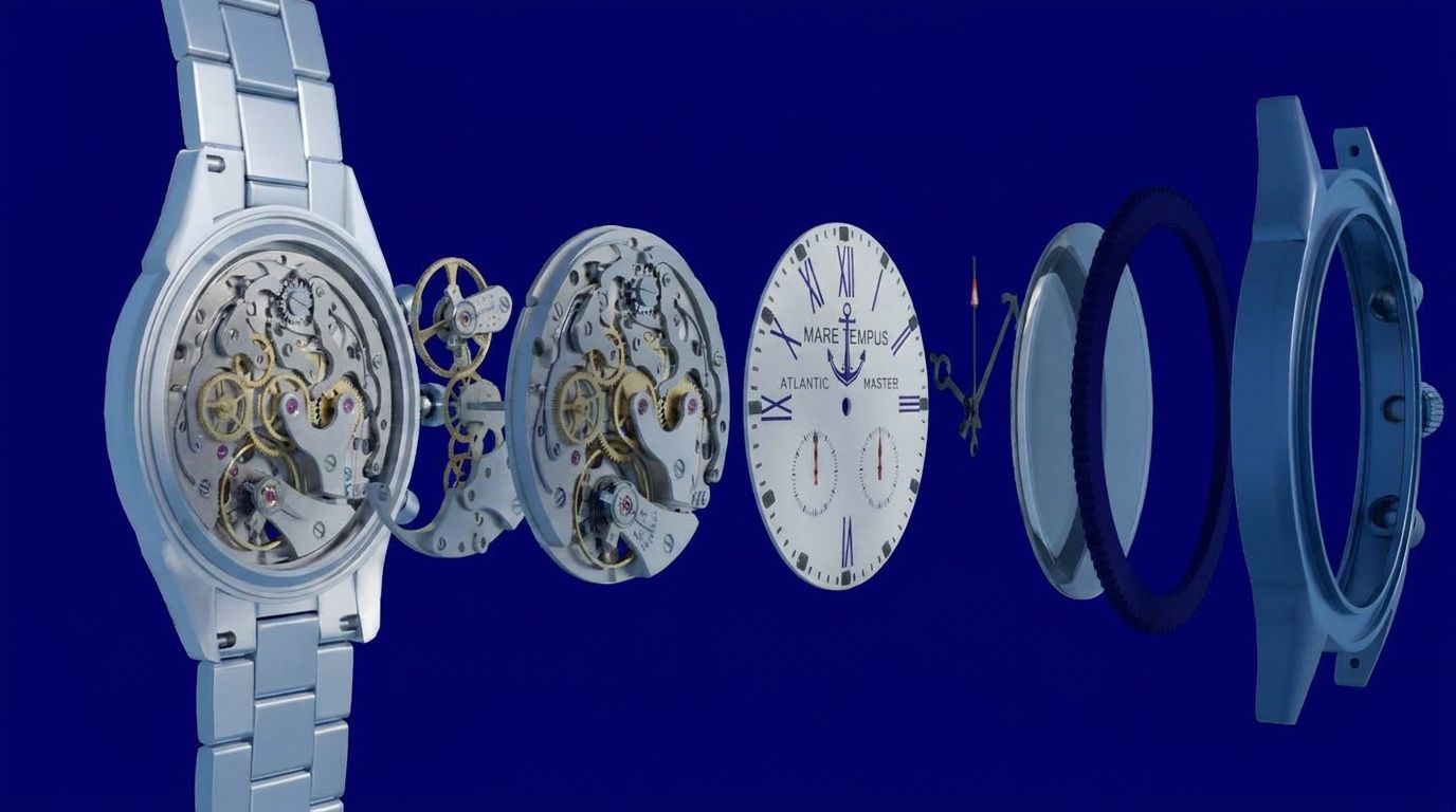 Exploded view of the Atlantic Master — movement, dial, hands, bezel, sapphire and case in suspension