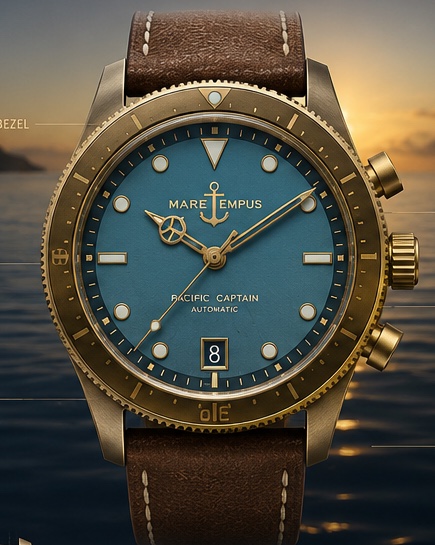 The Pacific Captain — bronze GMT with turquoise sandwich dial and vintage leather strap, against a Pacific sunset